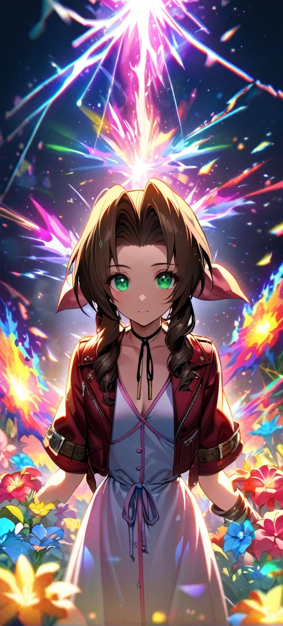 Symetrical,detailed front view,absurdres, highres, ultra detailed, HDR, masterpiece, extremely detailed face and eyes, aerith gainsborough ,final fantasy 7, , , solo, women , beautiful, ,, , beautiful pose scene,colorful flowers effect, colorful lightning effect,glowing glitters, ,colorful flames effect, colorful aura effect, colorful splashing, surrounded by colorful flowers energy