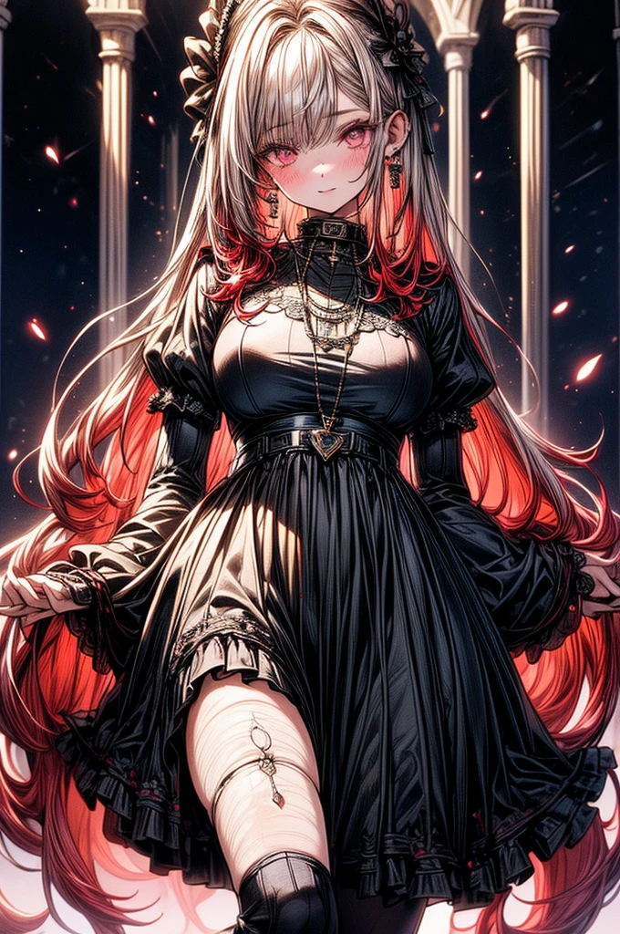 ((highest quality)),(ultra high resolution),(Super detailed),(detailed description),((best CG)),(best work of art),super precision art, great drawing art,(Art with precise details:1.5), (1 young girl:1.5), beautiful and well-shaped face:1.5,(Beautiful skin with precise and detailed depiction:1.6),(Frilly gothic dress ),gorgeous, masterpiece, best quality, high-resolution, finely detailed, extremely detailed and beautiful, distinct-image, 1 girl, , solo, soft facial features, symmetrical shaped face. plump cherry red lips, lightly tanned white skin. red and white-colored eyes, F-cup breasts, short height(150cm), plump short stack body type, waist length pink-white hair, small narrow waist, long and slender legs, curvy wide hips, elegant gothic courtyard setting