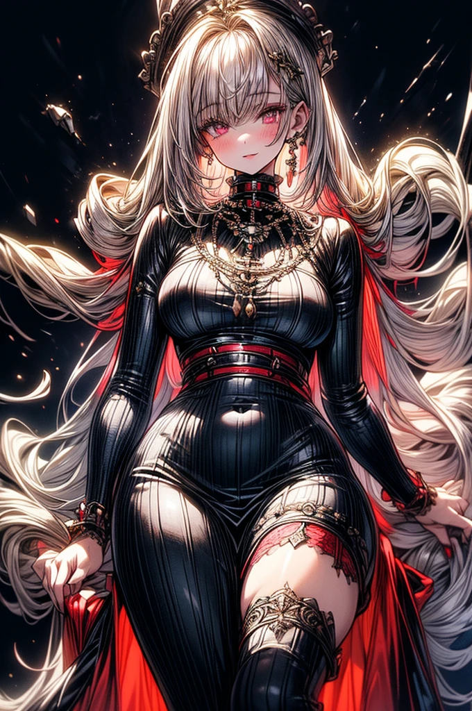 melhor qualidade,Estilo escuro de alto brilho,Uma obra-prima do suspense,Desenho preto-branco-cinza,Luar sangrento,The Skeleton Man is back,Embrace the sky with open hands,The floor was covered in blood,Death is near,O fim de Londres,Belfry with chain,Capa vermelha de sangue,head portrait,olhos de cor vermelha,pungente,Estilo anime,Rosa da flor,gotic girl。