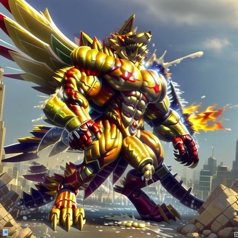 (masterpiece. official art. 8k. best quality. detailed full body. full body.)

(situation 1 : dominating The Phoenix Wolf. The Phoenix Wolf is over 1000 meters long. focus GIANT mechanical Muscular The Phoenix Wolf is trampling the car. Looking down.)

(situation 2 :smoke and flames rising from the destruction in the city)

(Additional details 1: Wearing GOLDEN Armor. Cape. Helmet. real texture material. whole body shines like metal. emphasizes the muscles. suit fully made of metal. Robotic suit. edgMecha, wearing edgMecha, mecha suit, robot suit)

(Additional details 1.5: The arms are golden. The lower half of the body is golden. The wolf-shaped helmet has sharp fangs. The whole body is golden. The wolf-shaped helmet. There is a wolf-shaped decoration on the back of the hand.)

(Additional details 2: Detailed head. Detailed Body. Detailed abs. gigantic muscles. HYPER MUSCLES. Gigachad Muscular. big muscle. pecs. triceps. traps. unusually developed muscular body. body full of huge muscles. showing off muscles. pectorales enormes. Exaggeratedly huge muscles. huge muscles. long legs.).

(Additional details 3: nj5furry, Spread wings. It has wings. The claws are sharp. Sharp teeth.). He is laughing defiantly. The claws are sharp. Sharp teeth.). He is laughing defiantly. 

(Additional details 4: golden dick, golden cock, golden hyper penis. hyper black penis. big penis)
(Additional details 6 : Spraying hyper cum up everywhere into the sky from his erect penis. wide spray of cum, covered in cum, cum splashing in front of camera, crowd of naked muscular male spectators, bukkake, City is under a thick later of cum.)