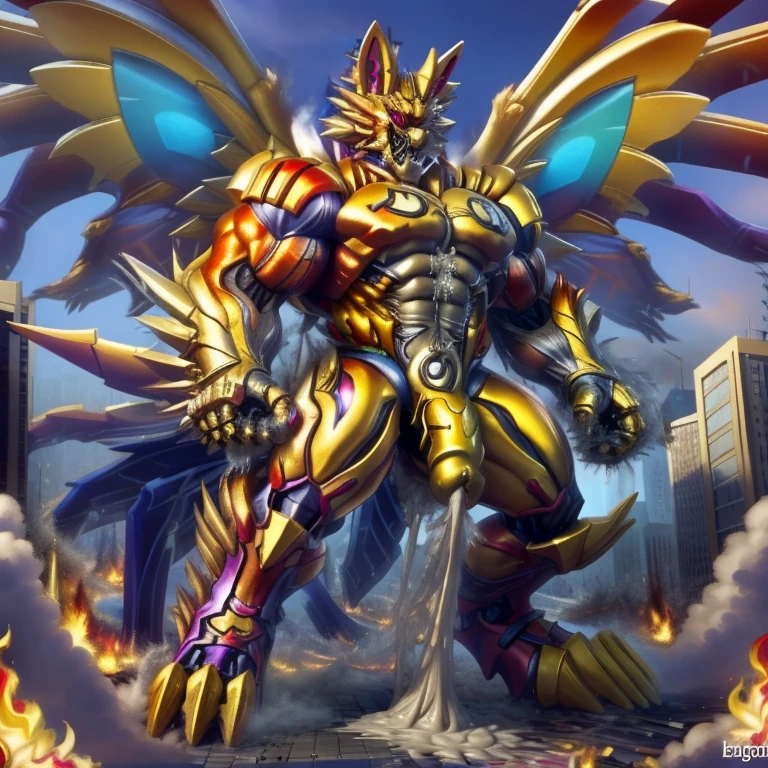 (masterpiece. official art. 8k. best quality. detailed full body. full body.)

(situation 1 : dominating The Phoenix Wolf. The Phoenix Wolf is over 1000 meters long. focus GIANT mechanical Muscular The Phoenix Wolf is trampling the car. Looking down.)

(situation 2 :smoke and flames rising from the destruction in the city)

(Additional details 1: Wearing GOLDEN Armor. Cape. Helmet. real texture material. whole body shines like metal. emphasizes the muscles. suit fully made of metal. Robotic suit. edgMecha, wearing edgMecha, mecha suit, robot suit)

(Additional details 1.5: The arms are golden. The lower half of the body is golden. The wolf-shaped helmet has sharp fangs. The whole body is golden. The wolf-shaped helmet. There is a wolf-shaped decoration on the back of the hand.)

(Additional details 2: Detailed head. Detailed Body. Detailed abs. gigantic muscles. HYPER MUSCLES. Gigachad Muscular. big muscle. pecs. triceps. traps. unusually developed muscular body. body full of huge muscles. showing off muscles. pectorales enormes. Exaggeratedly huge muscles. huge muscles. long legs.).

(Additional details 3: nj5furry, Spread wings. It has wings. The claws are sharp. Sharp teeth.). He is laughing defiantly. The claws are sharp. Sharp teeth.). He is laughing defiantly. 

(Additional details 4: golden dick, golden cock, golden hyper penis. hyper black penis. big penis)
(Additional details 6 : Spraying hyper cum up everywhere into the sky from his erect penis. wide spray of cum, covered in cum, cum splashing in front of camera, crowd of naked muscular male spectators, bukkake, City is under a thick later of cum.)