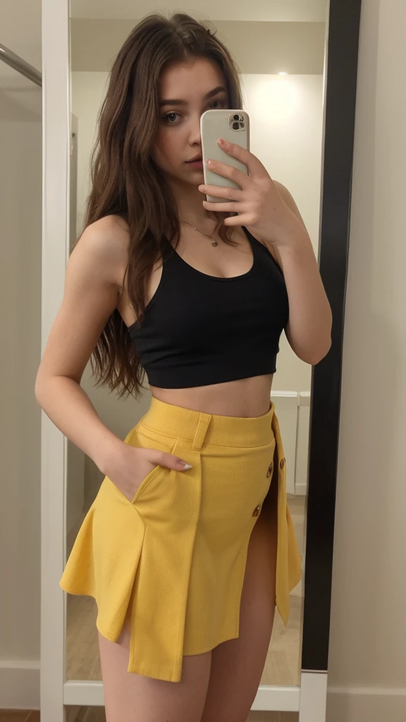 18-year-old girl similar to Chloë Grace Moretz, long hair, messy red hair, taking a selfie in a mirror with a cell phone without covering her face., high-waisted-black-skirt, wearing a mustard-colored tank top and a black skirt, wearing a short top and miniskirt, skater skirt, slim waist, short black skirt, beautiful short skirt, with a slim waist, short skirt, black skirt, cute casual streetwear, photo of slim girl, instagram model , masterpiece, high definition, hyper realistic, perfect body, natural light.