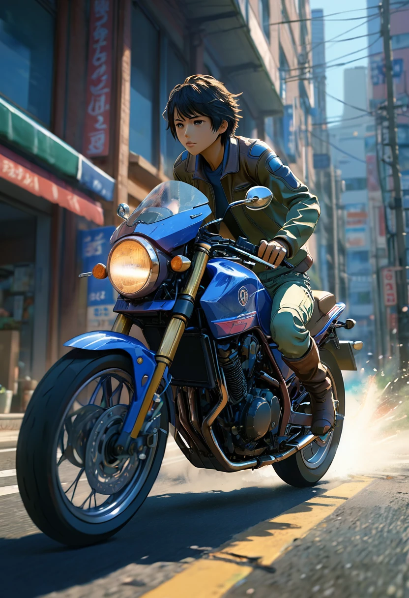 Motorcycle, rider, full body, by Makoto Shinkai and Makoto Niitsu, dramatic composition, cinematic dynamic action scene, vibrant colors, cinematic lighting, dramatic lighting, best quality, masterpiece, very aesthetic, perfect composition, intricate details, ultra-detailed