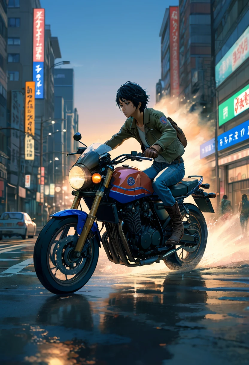 Motorcycle, rider, full body, by Makoto Shinkai and Makoto Niitsu, dramatic composition, cinematic dynamic action scene, vibrant colors, cinematic lighting, dramatic lighting, best quality, masterpiece, very aesthetic, perfect composition, intricate details, ultra-detailed
