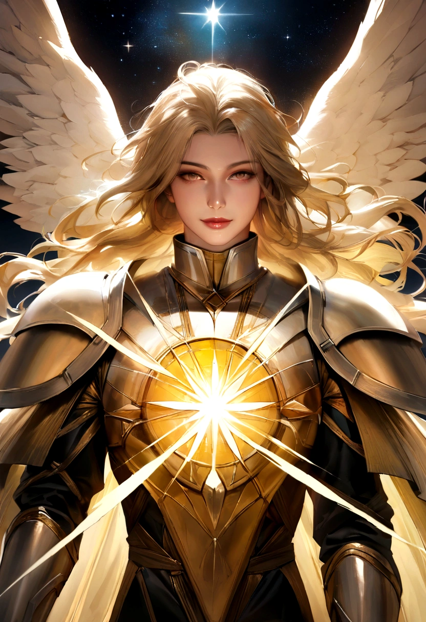 Archangel Michael, The most powerful and merciful of the Archangels in divinity, It has a majestic appearance. He is tall, With hair as golden as the sun. White wings purer than the most pristine clouds rose from his shoulders.々It was growing., It shines brighter than even the brightest stars.. Your eyes, Deep and calm, It seemed like he held the secrets of the universe., When his presence emanated an aura of calm and power.. . Clad in celestial armor decorated with sacred symbols, He sheds light、I have a divine sword that cuts through the darkness.. His face is calm, It reflects their peaceful and caring nature., Often smiles with an aura of warmth and comfort, dynamic, Image Enhancement, Shape of a dream, Vibrant, Realistic Face, Highest quality, Deluxe, A sharply focused masterpiece.