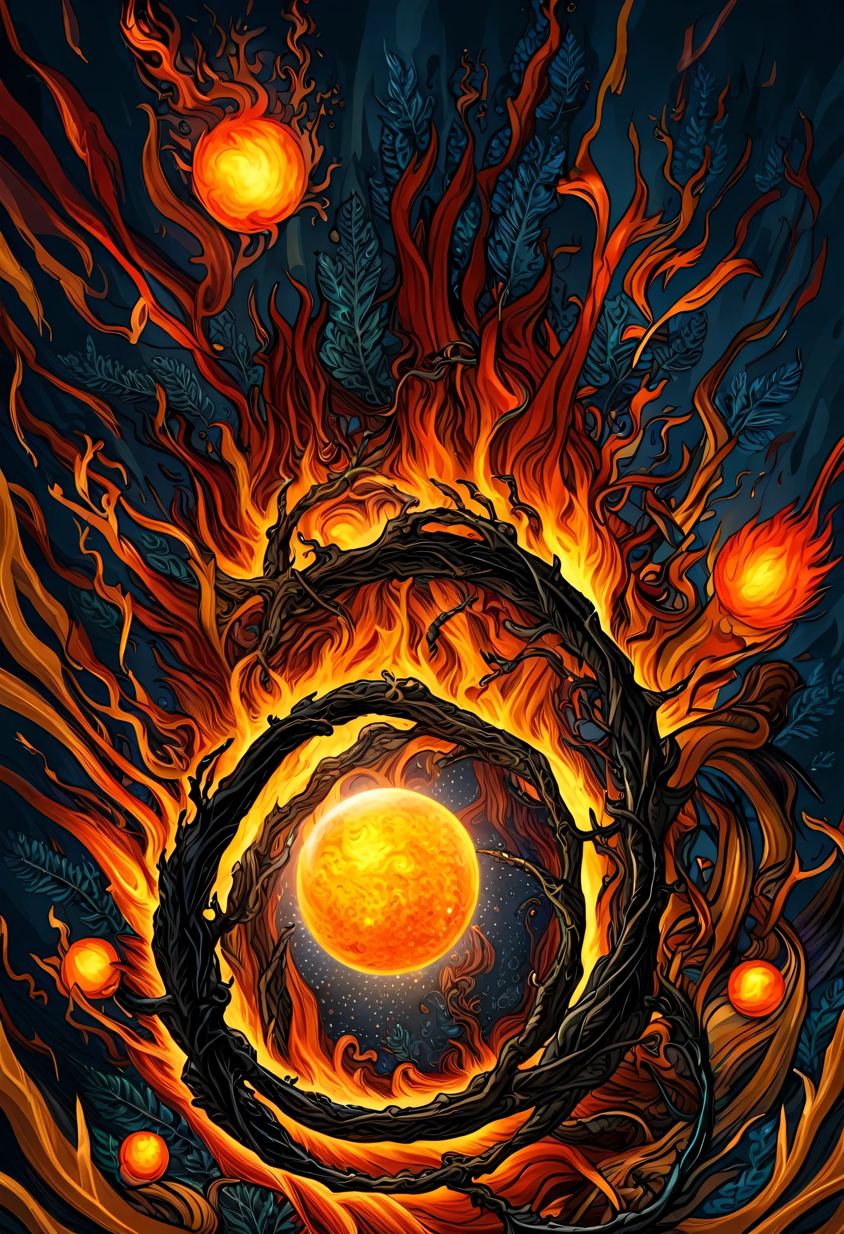 The flame burns in a circle, fiery, Icon with fire halo, Ring of Fire, balls of fire, party, Orange flame in the background, mtu, Fire type, (firey), Black fireball, Farenado, Flame Hell, hell, fire theme, firey, Hellfire, hell, flashy, melted glass ball image，There is scenery inside, Detailed digital 3D artwork, tree of life inside the ball, Highly Detailed 4K Digital Art, Advanced digital art, stylized digital art, highly detailed digital painting, glass orbs, highly detailed digital painting, Advanced digital art, 3d rendering beep sound, 8k impression art