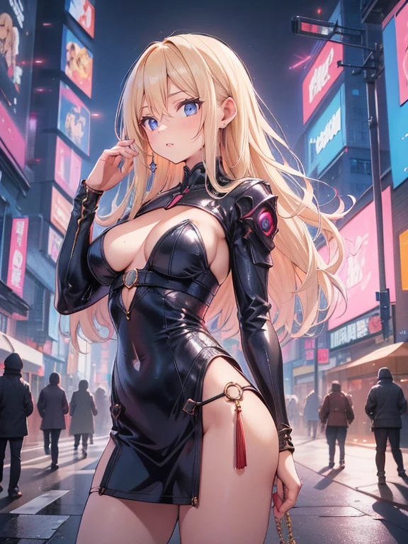 Beautiful woman, slavery clothes, blond, (leathery), revealing, sensuous, Skinned, ((アニメ)), illustration, full colors, foto perfil, Akira Toriyama style, toei animation, in a city at night, (cyberpunk style), medium breasts, breasts small, opaque colors