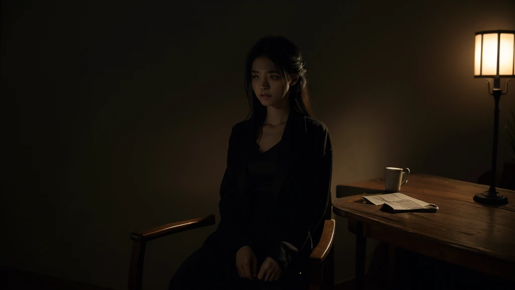 A photo of a beautiful girl sitting on a chair, holding a wilted flower in a dark, somber atmosphere. The surroundings are shadowy and moody, with deep, dramatic lighting that enhances the intensity of the scene. Her expression is melancholic, and the background features dim, eerie elements that add to the overall feeling of gloom and mystery.