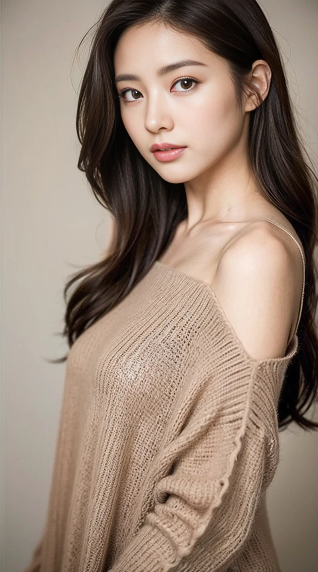 (NSFW)、(masterpiece、Highest quality:1.4)、 (8K resolution、Ultra-high resolution:1.2)、Detailed depiction face、Eye for detailed depiction、Detailed skin、Detailed hair、Glowing Skin、One girl,Detail and beauty that cannot be captured in reality:1.3、 Elegant and perfect figure、18-year-old、Beautiful Bangs、Highly detailed hair、Bright photography lighting,White wall background,Background Blur,Photo from the front of the woman、Facing forward、upright,Put your hands down,(From the waist up),,,,, (break white tunic sweater,mini skirt、Open chest,:1.2)