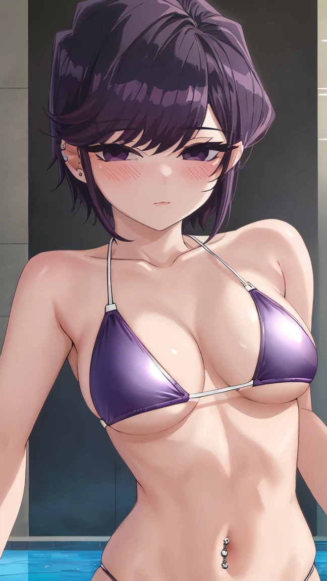 Detailed face、long eyeslashes、A detailed eye、(Clear eyes)、(Purple eyes)、A purple-haired、Short hair、Lustrous skin . Realistic skin feeling、Oily skin、8K、Navel piercing、Sexy Bikini、swimming pools、red blush、Colossal tits、hightquality、high-level image quality、A sexy、Sunnyday、Good light、piercings、perspiring、A smile、gals