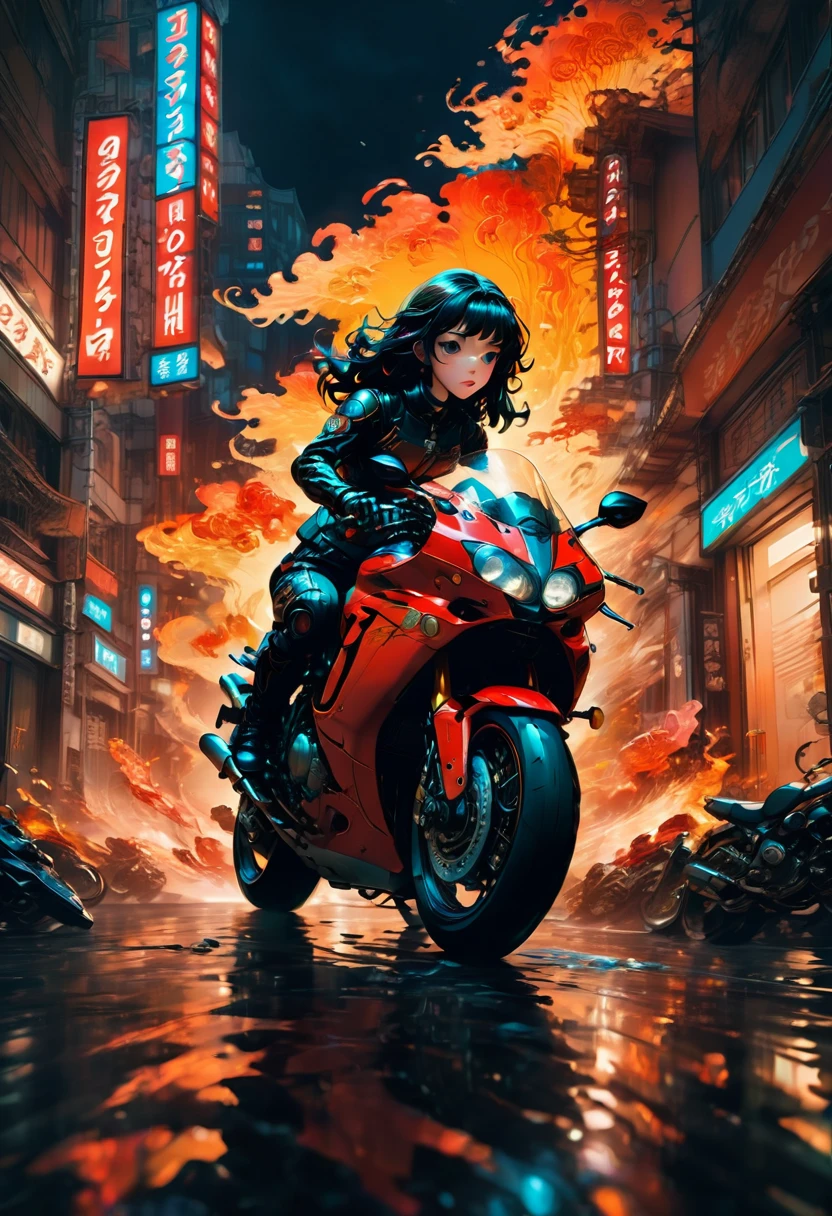 Motorcycle, rider, full body, by Satoshi Kon, dramatic composition, cinematic dynamic action scene, vibrant colors, cinematic lighting, dramatic lighting, best quality, masterpiece, very aesthetic, perfect composition, intricate details, ultra-detailed