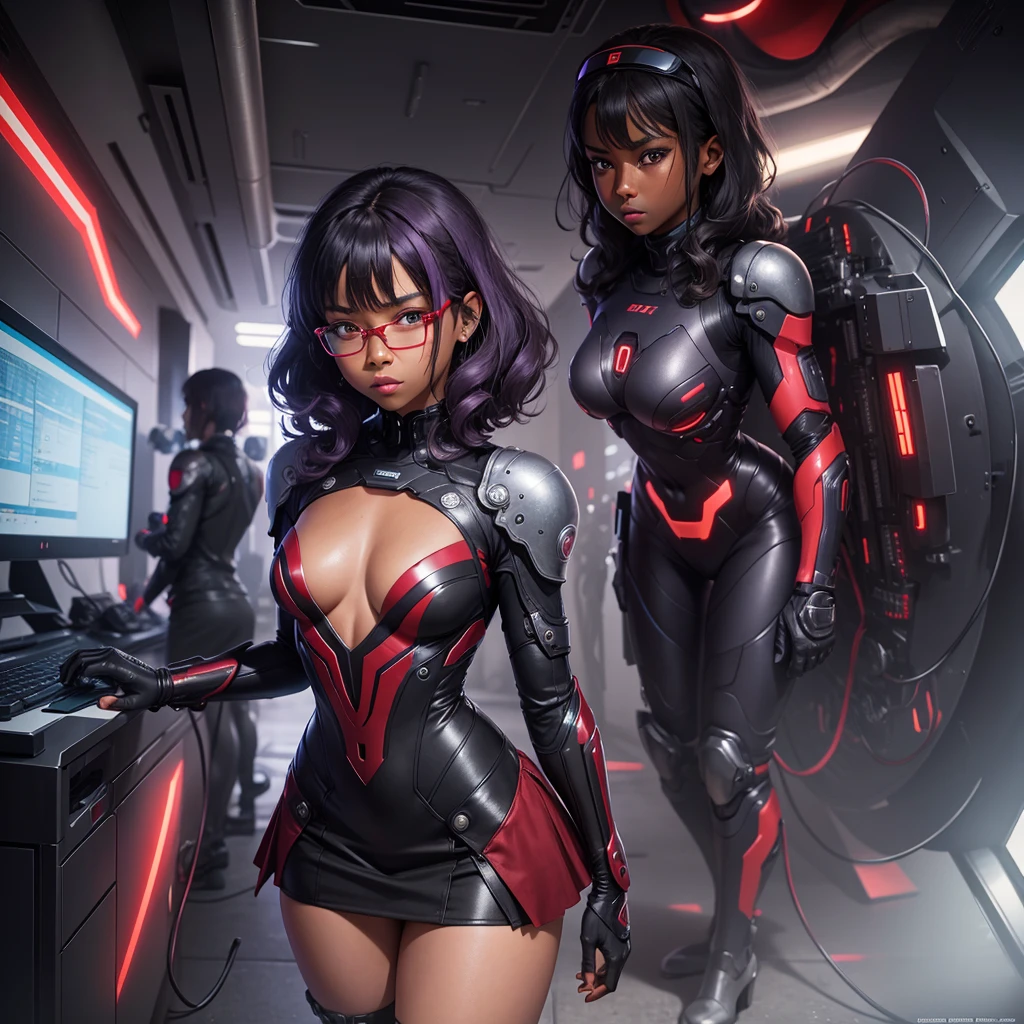 (masterpiece), (best quality), (high res) Solo, (perfect anatomy), (young girl (), ((((dark skin)))), curly purple hair (shoulder length), red eyes, round eyeglasses, (skin tight long sleeved dress), (red high heels boots), (shirt), (super tight skirt), angry, (((flat chest))), in a futuristic setting with a red light, cyberpunk, cyber suit, best anime 4k, cybersuits, in a backstage