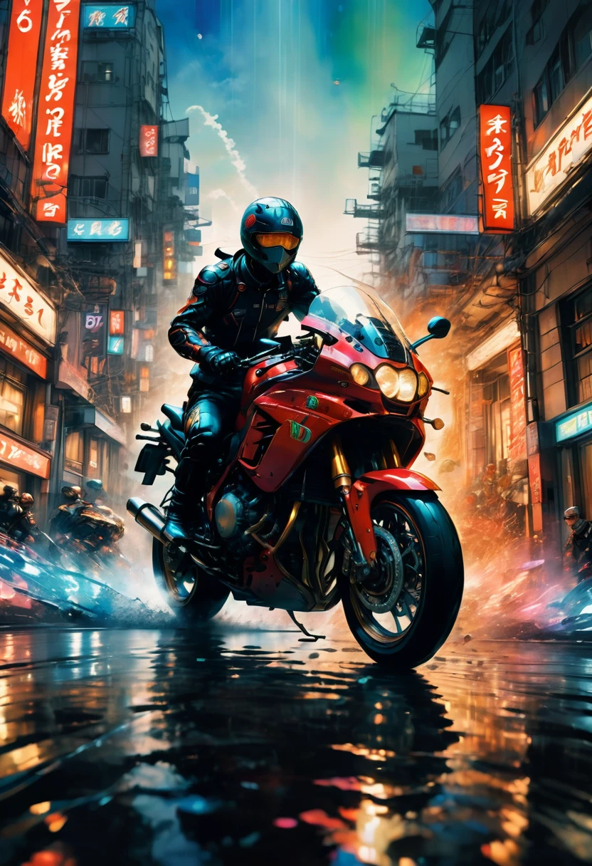 Motorcycle, rider, full body, by Naoki Urasawa, dramatic composition, cinematic dynamic action scene, vibrant colors, cinematic lighting, dramatic lighting, best quality, masterpiece, very aesthetic, perfect composition, intricate details, ultra-detailed