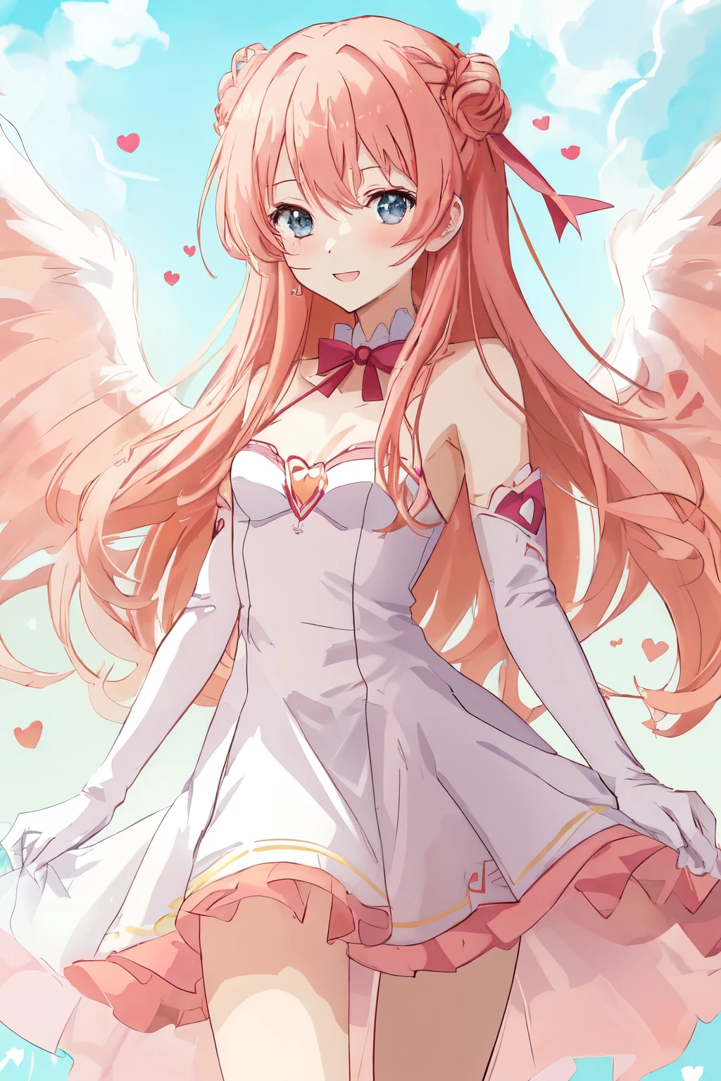 1_girl, (anime, kawai:2), (masterpeice, best_quality, clean:1.5), (cute, cute_smile, young:1.5), (delicate, beautiful, thin:1.5), (girlfriend, angel:1.8), (green_eyes, simple_eyes:1.5) (long_hair, blond_hair, wearing_pink_dress, pink_angel_wings, sexy_gloves:1.5), extremely_delicate, (love_magic:1.5), (age_size_fits_body), (small_thighs:1.3), (breasts), (eye_level:1.3), (heart_magic, love:1.5)