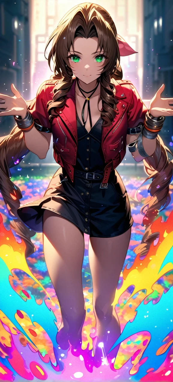 Symetrical,detailed front view,absurdres, highres, ultra detailed, HDR, masterpiece, extremely detailed face and eyes, aerith gainsborough ,final fantasy 7, , , solo, women , beautiful, ,, , beautiful pose scene,colorful flowers effect, colorful lightning effect,glowing glitters, ,colorful flames effect, colorful aura effect, colorful splashing, surrounded by colorful flowers energy