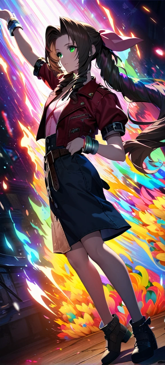 Symetrical,detailed front view,absurdres, highres, ultra detailed, HDR, masterpiece, extremely detailed face and eyes, aerith gainsborough ,final fantasy 7, , , solo, women , beautiful, ,, , beautiful pose scene,colorful flowers effect, colorful lightning effect,glowing glitters, ,colorful flames effect, colorful aura effect, colorful splashing, surrounded by colorful flowers energy