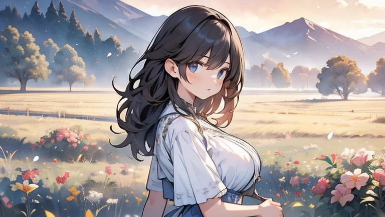 (highest quallity、high resolution、work of art)、(Art Anime 4K)、(photorrealistic)、((beautiful landscape photography))、((Beautiful sensual girl with big breasts, close up))、(perfectbody) cinema lighting、ray tracing、smooth light、Celtic landscape on a misty morning、Create a magical scene in a misty meadow on a calm morning、Draw delicate, blurred strokes、place々flowers bloom、(Sargent style watercolor)、(Edmundo Leighton style)、