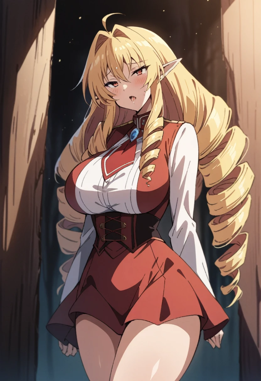 anime art style, (2d), ((masterpiece)), best quality, very aesthetic, absurdres, (dynamic shadows), (atmosferic), ((shikimorisan)), elinalisedragonroad, (1girl), blonde hair, long hair, ((drill hair)), red eyes, narrowed eyes, detailed eyes, pointy ears, ahoge, hair between eyes, bangs, big breasts, makeup, ((curvy body)), sweat, sexy, cleavage, , red skirt, white shirt, red tie, clothes lift, ahegao, tongue, saliva, ((cowboy shot)), (standing), from back, (night), (stars), (forest), looking at viewer