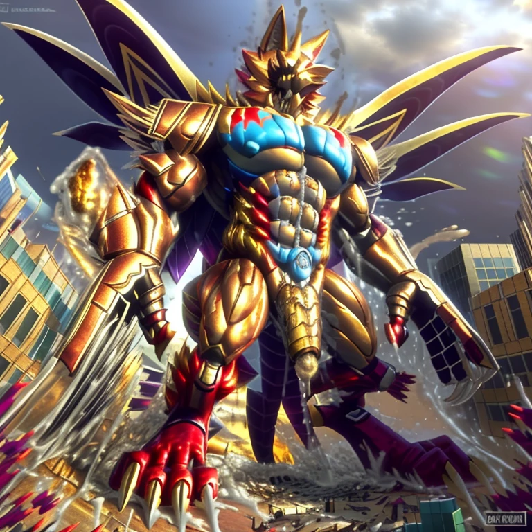 (masterpiece. official art. 8k. best quality. detailed full body. full body.)

(situation 1 : dominating The Phoenix Wolf. The Phoenix Wolf is over 1000 meters long. focus GIANT mechanical Muscular The Phoenix Wolf is trampling the car. Looking down.)

(situation 2 :smoke and flames rising from the destruction in the city)

(Additional details 1: Wearing GOLDEN Armor. Cape. Helmet. real texture material. whole body shines like metal. emphasizes the muscles. suit fully made of metal. Robotic suit. edgMecha, wearing edgMecha, mecha suit, robot suit)

(Additional details 1.5: The arms are golden. The lower half of the body is golden. The wolf-shaped helmet has sharp fangs. The whole body is golden. The wolf-shaped helmet. There is a wolf-shaped decoration on the back of the hand.)

(Additional details 2: Detailed head. Detailed Body. Detailed abs. gigantic muscles. HYPER MUSCLES. Gigachad Muscular. big muscle. pecs. triceps. traps. unusually developed muscular body. body full of huge muscles. showing off muscles. pectorales enormes. Exaggeratedly huge muscles. huge muscles. long legs.).

(Additional details 3: nj5furry, Spread wings. It has wings. The claws are sharp. Sharp teeth.). He is laughing defiantly. The claws are sharp. Sharp teeth.). He is laughing defiantly. 

(Additional details 4: golden dick, golden cock, golden hyper penis. hyper black penis. big penis)
(Additional details 6 : Spraying hyper cum up everywhere into the sky from his erect penis. wide spray of cum, covered in cum, cum splashing in front of camera, crowd of naked muscular male spectators, bukkake, City is under a thick later of cum.)