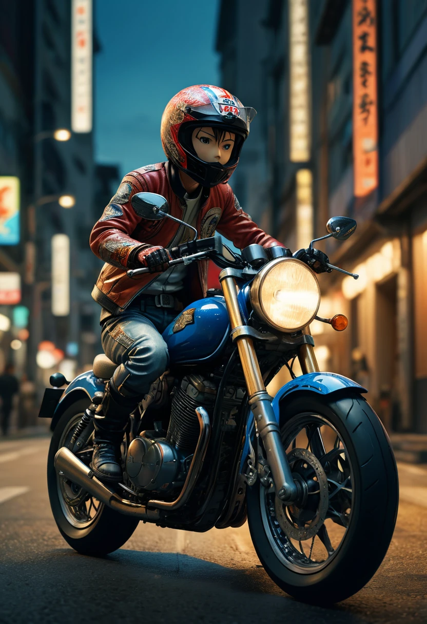 Motorcycle, rider, full body, by Yoshitomo Nara, dramatic composition, cinematic dynamic action scene, vibrant colors, cinematic lighting, dramatic lighting, best quality, masterpiece, very aesthetic, perfect composition, intricate details, ultra-detailed