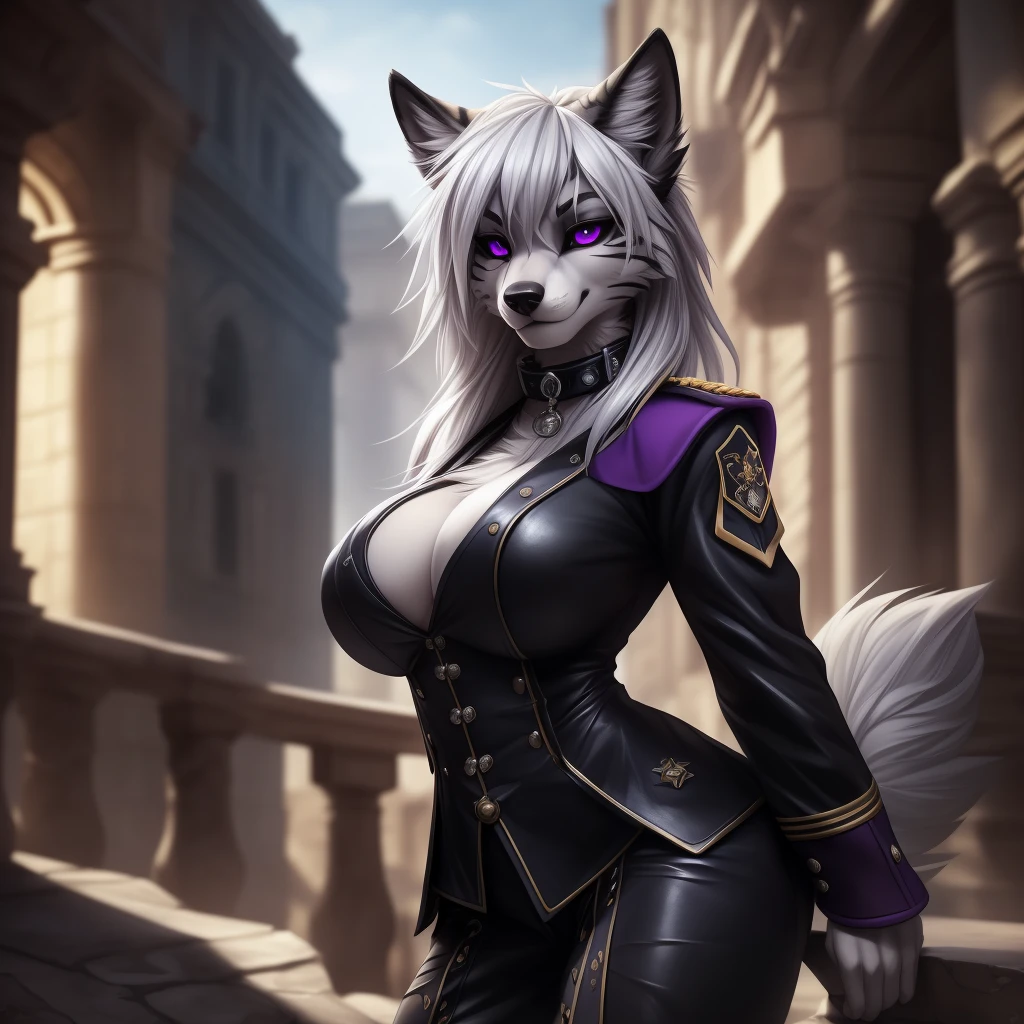 uploaded on e621, (by Wildering, by Koul, by fluff-kevlar, by aycee), solo, female wolf, wolf ears, neck tuft, hip tuft, leg tuft, wolf tail, ((black sclera, purple eyes)), ((french napeolon uniform)), ((painted portrait)), (masterpiece), (best quality), (anthro furry:1.3, snout:1.2, anthro:1.3, furry:1.2, solo female:1.2), (hourglass figure), (wide hips), (thick thighs), ((huge breasts)), (suggestive pose), (((black stripes on body, grey fur))) BREAK ((white hair)), (napoleonic war background, depth of field, ambient light on the body), (intricate:0.7), (high detail:1.3), (unreal engine:1.3), (sharp focus:1.15), (masterpiece, best quality, 4k, 2k, shaded, absurd res), ((leather collar))