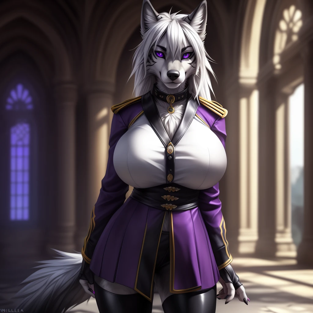 uploaded on e621, (by Wildering, by Koul, by fluff-kevlar, by aycee), solo, female wolf, wolf ears, neck tuft, hip tuft, leg tuft, wolf tail, ((black sclera, purple eyes)), ((french napeolon uniform)), ((painted portrait)), (masterpiece), (best quality), (anthro furry:1.3, snout:1.2, anthro:1.3, furry:1.2, solo female:1.2), (hourglass figure), (wide hips), (thick thighs), ((huge breasts)), (suggestive pose), (((black stripes on body, grey fur))) BREAK ((white hair)), (napoleonic war background, depth of field, ambient light on the body), (intricate:0.7), (high detail:1.3), (unreal engine:1.3), (sharp focus:1.15), (masterpiece, best quality, 4k, 2k, shaded, absurd res), ((leather collar))