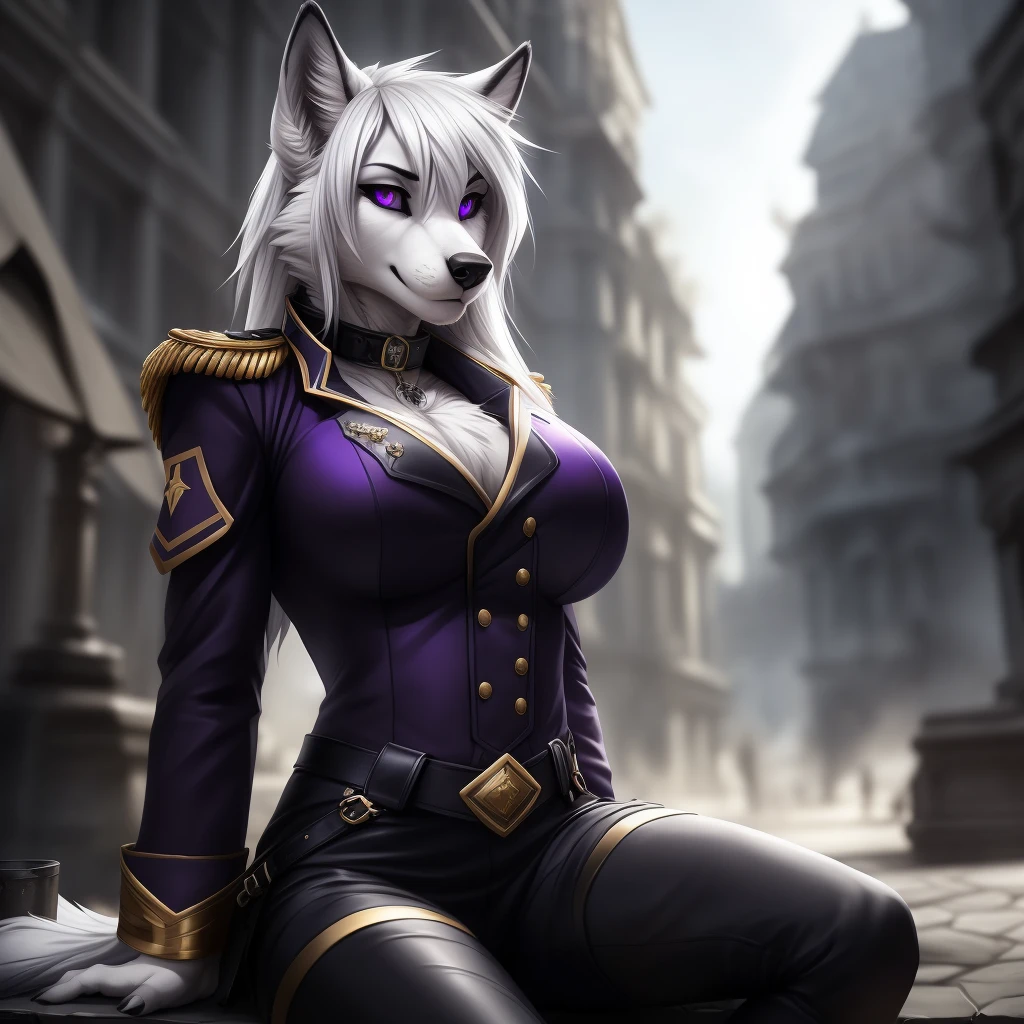 uploaded on e621, (by Wildering, by Koul, by fluff-kevlar, by aycee), solo, female wolf, wolf ears, neck tuft, hip tuft, leg tuft, wolf tail, ((black sclera, purple eyes)), ((french napeolon uniform)), ((painted portrait)), (masterpiece), (best quality), (anthro furry:1.3, snout:1.2, anthro:1.3, furry:1.2, solo female:1.2), (hourglass figure), (wide hips), (thick thighs), ((huge breasts)), (suggestive pose), (((black stripes on body, grey fur))) BREAK ((white hair)), (napoleonic war background, depth of field, ambient light on the body), (intricate:0.7), (high detail:1.3), (unreal engine:1.3), (sharp focus:1.15), (masterpiece, best quality, 4k, 2k, shaded, absurd res), ((leather collar))