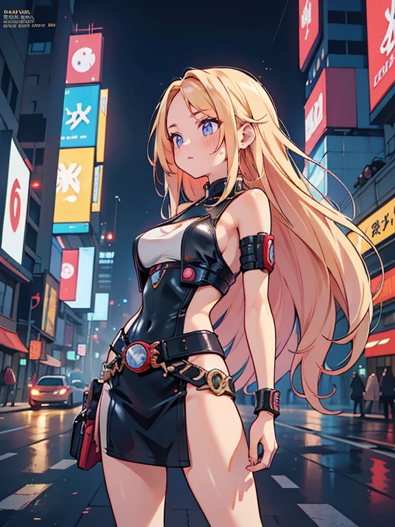 Beautiful woman, slavery clothes, blond, (leathery), revealing, sensuous, Skinned, ((アニメ)), illustration, full colors, foto perfil, Akira Toriyama style, toei animation, in a city at night, (cyberpunk style), medium breasts, breasts small, opaque colors