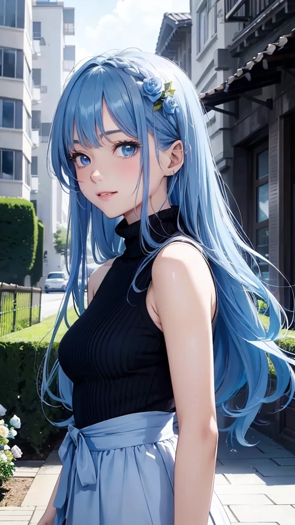 masterpiece、highest quality、High resolution、high quality images、8K, 1 female、skin luster、Texture of skin and clothing、Expression of fine eyes、shiny blue hair,Girl with long blue hair, Manga inspired by Lee Jong-suk, trending on deviantart, Realism, detailed manga style, manga art style, perfect line drawing, beautiful line drawing, digital manga art girl, K-POPアイドル, dress, beautiful blue eyes, plump lips, detailed gorgeous face, (cute smile), charm, innocent, Side view, (perfectly detailed face), (fine hands) photorealistic images, Depth of written boundary, half up hairstyle, (Dark blue turtleneck sleeveless knit)、pencil skirt , corolla , cloud，sky sky，night ,Star, Garden,Rose,The skin is delicate，Blue Roses are blooming in front of the building., rose background, rosette, beautiful flower Garden, pastel roses, blue flower, beautiful and aesthetic, Heavenly Blue,  beautiful aesthetics, Pale blue shade, shades of blue, lying on a rose, rose background, pastel overflow, Blue Rose