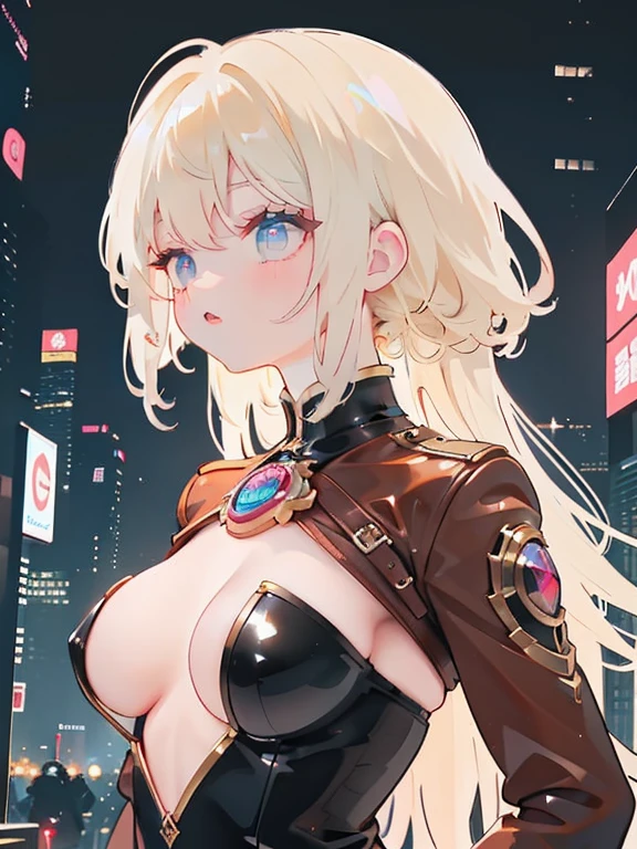 Beautiful woman, slavery clothes, blond, (leathery), revealing, sensuous, Skinned, ((アニメ)), illustration, full colors, foto perfil, Akira Toriyama style, toei animation, in a city at night, (cyberpunk style), medium breasts, breasts small, opaque colors