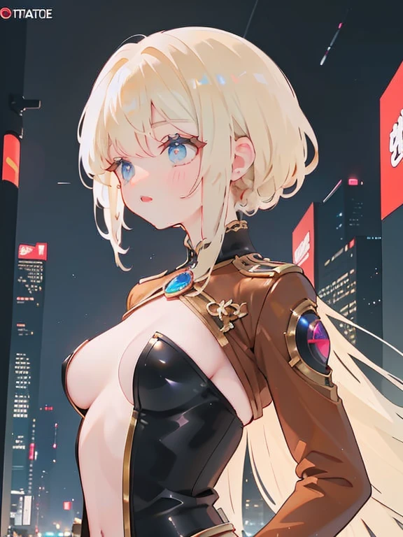 Beautiful woman, slavery clothes, blond, (leathery), revealing, sensuous, Skinned, ((アニメ)), illustration, full colors, foto perfil, Akira Toriyama style, toei animation, in a city at night, (cyberpunk style), medium breasts, breasts small, opaque colors