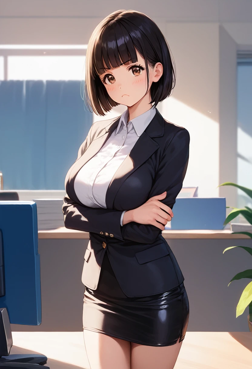score_9,score_8_up,score_7_up,masterpiece,best quality, source anime, realistic, super detailed, extreme detailed, rating_safe,
1girl, standing, crossed arms, glare at viewer, sideways glance,
BREAK girl, 22yo, short hair, bob cut, (blunt bangs), black hair, (tareme, detailed cute brown eyes), curled eyelashes, (large breasts:0.9),
shiny hair, beautiful detailed eyes, beautiful face,
white collared shirt, black jacket, black tight mini skirt,
blush, frown, (puffy cheeks:1.1),
office,