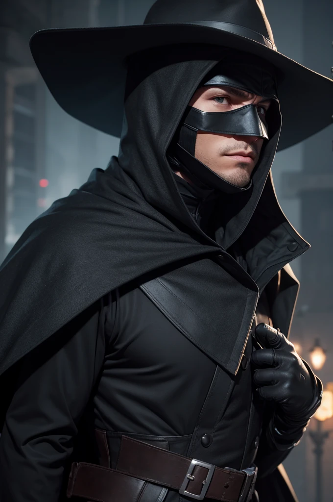 Play a nighttime vigilante with a hat, cape and tactical costume. On your face, make a smooth black mask covering your entire face. 
