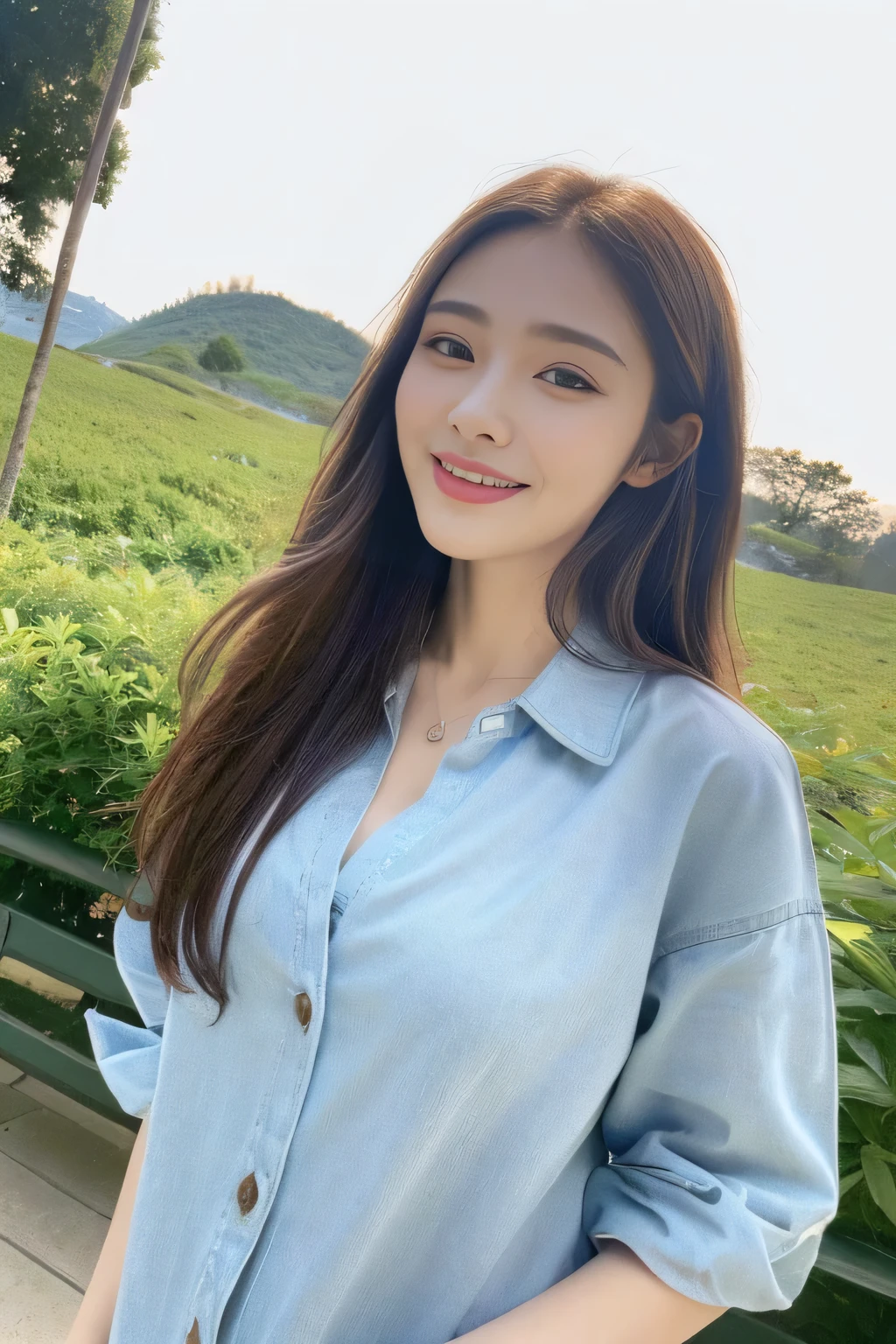 seed:2020674263.((Full body angle:1.1)).((Highest quality, 8K, masterpiece:1.3)), ((from below:1.1)).concentrated:1.2, Perfect body beauty:1.4, Hips:1.2, ((Delicate Hair)), (Colorful button-through crop shirt :1.1) , ((Highest quality、、masterpiece:1.3))、1 Girl、A sloppy smile、Esbian all over、Slim face、Big Boobs、Beautiful woman、(Dark Brown Hair)、Long Hair、1、Flickering Valley、Detailed eyes、double eyelid、Blurred Background、超Slim face、Smile、Looking down、stroll、