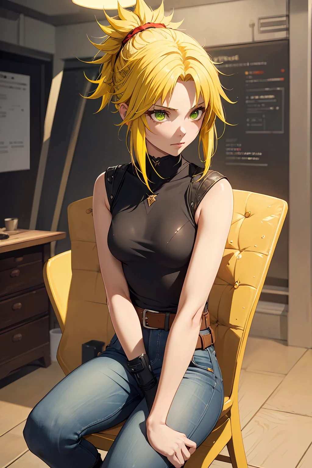 (One girl:1.5), (Small breasts :1.5), (Mordred \(destiny\):1.3), UFOTABLE STYLE, Anime Coloring, Anime screenshots, ((High resolution illustrations)), ((masterpiece)), ((Highest quality)), High detail, Many details, (Textured skin:1.4), (Detailed yellow hair: 1.9), (Detailed green eye:1.4), short hair, Complex Hair, Hair between the eyes, Nice hands, Perfect hands, Perfect body, Focus Only, Fine eyebrows, pace, ponytail, Braiding, slim, Healthy Body, skinny, Detailed lighting, Realistic colors, Bright colors, Sharp focus, Ray Tracing, Cinema Lighting, Bold line, Black Military Boots, Jeans Shorts, (tube_superior:1.3), sexy, Intimate, erotic, Not art, No photos, Romantic atmosphere, Romantic atmosphere,Bedroom　Night view　Mood lighting　Sit on a chair