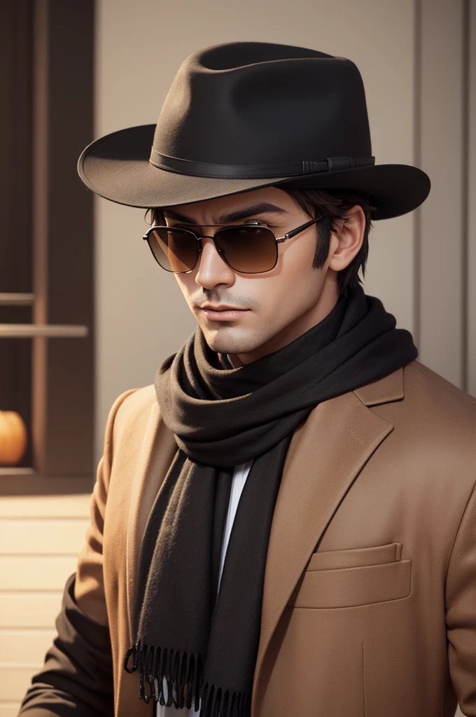 A man character with short brown hair with low fade with black sunglasses with a black hat with a scarf make him play roblox