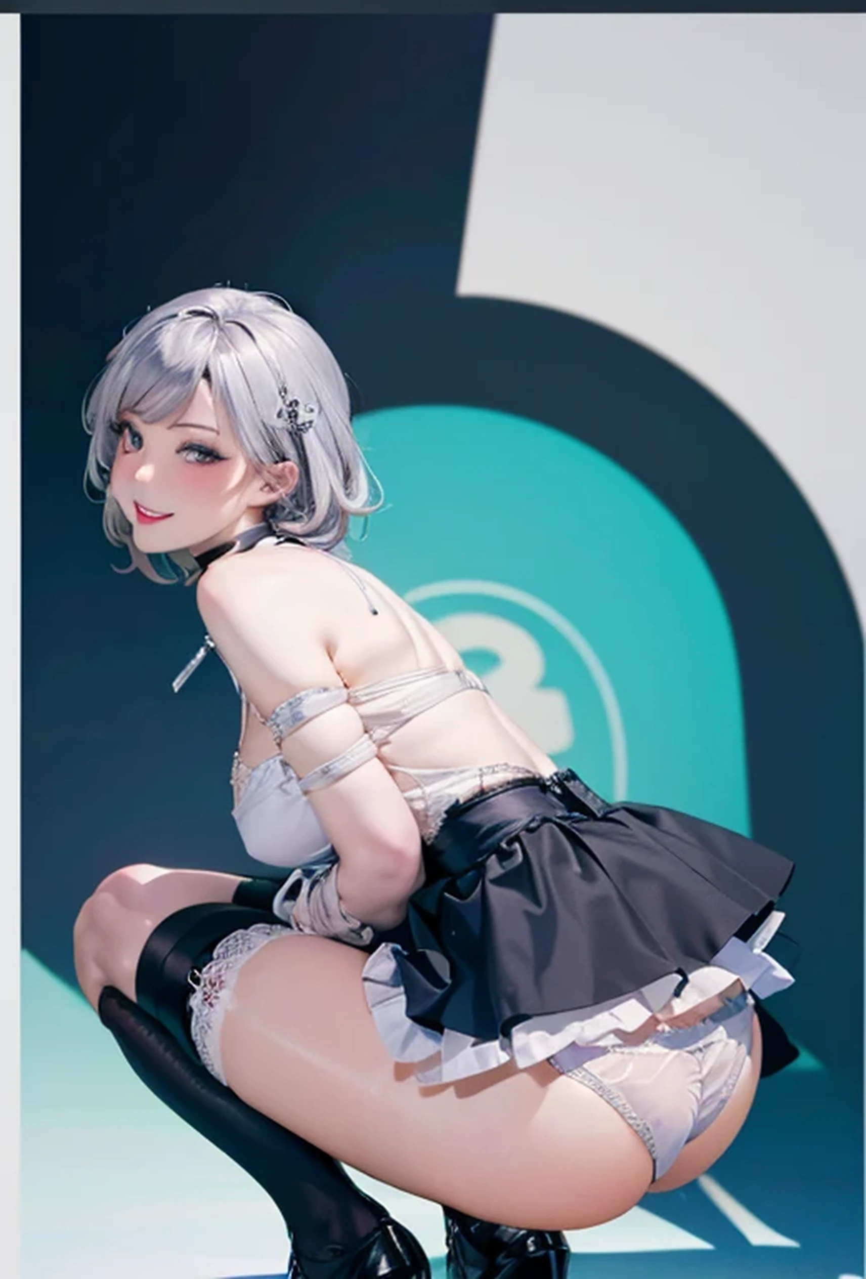 (Photorealistic:1.8、Highest quality:1.8、8K Masterpiece:1.8、Super detailed、Ultra-high resolution、Detailed Background)、((Flat Color))、((colorful))、Multicolored lighting、((Floating colorful water))、Blue background、 The Restrained Queen、Squat with your legs apart、back?rangle、Random Pause、(Lock、Golden Lock、Locked to the body、Locked collar、handcuffs)、Random Sexy Poses、turn around、 (Medium Hair、Silver Hair、hair ornaments、choker)、(bondage、Mini Dress、choker、Knee-high stockings、garter belt、white wedgie panties)、Beautiful hip line、TWICE Tzuyu posing、Beautiful Blue Eyes、(A rich expression、smile)