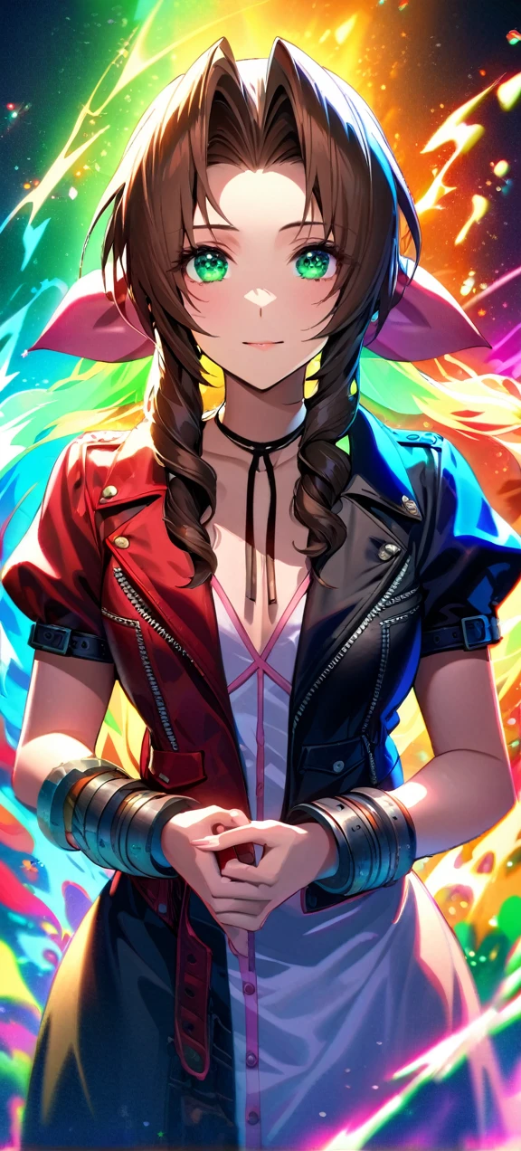 Symetrical,detailed front view,absurdres, highres, ultra detailed, HDR, masterpiece, extremely detailed face and eyes, aerith gainsborough ,final fantasy 7, , , solo, women , beautiful, ,, , beautiful pose scene,colorful flowers effect, colorful lightning effect,glowing glitters, ,colorful flames effect, colorful aura effect, colorful splashing, surrounded by colorful flowers energy