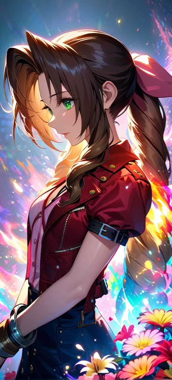 Symetrical,detailed front view,absurdres, highres, ultra detailed, HDR, masterpiece, extremely detailed face and eyes, aerith gainsborough ,final fantasy 7, , , solo, women , beautiful, ,, , beautiful pose scene,colorful flowers effect, colorful lightning effect,glowing glitters, ,colorful flames effect, colorful aura effect, colorful splashing, surrounded by colorful flowers energy