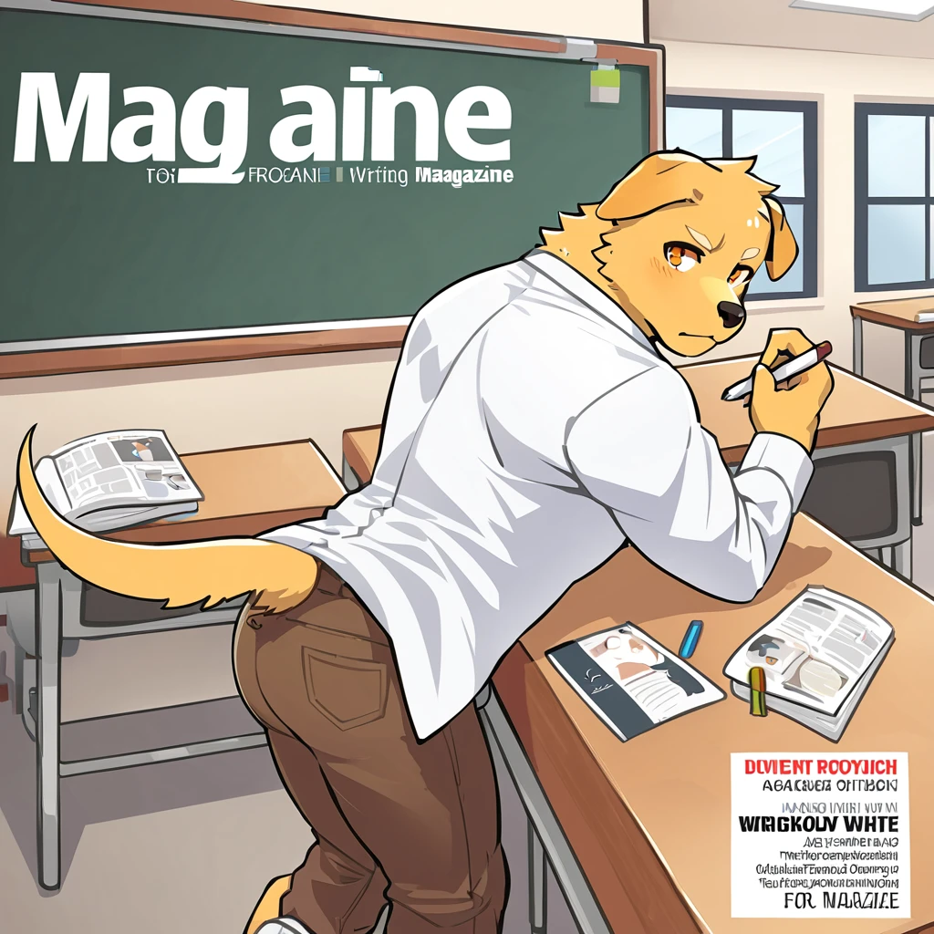 (((magazine cover))), text, perfect anatomy, detailed_eyes, muscular_anthro, full_body, furry, male, dog, golden_retriever, kemono, 1boy, solo, blue_shirt, brown_jeans, white_labcoat, white_hightops, orange_eyes, classroom_background, whiteboard, looking_back, holding_chalk, writing, frowning,