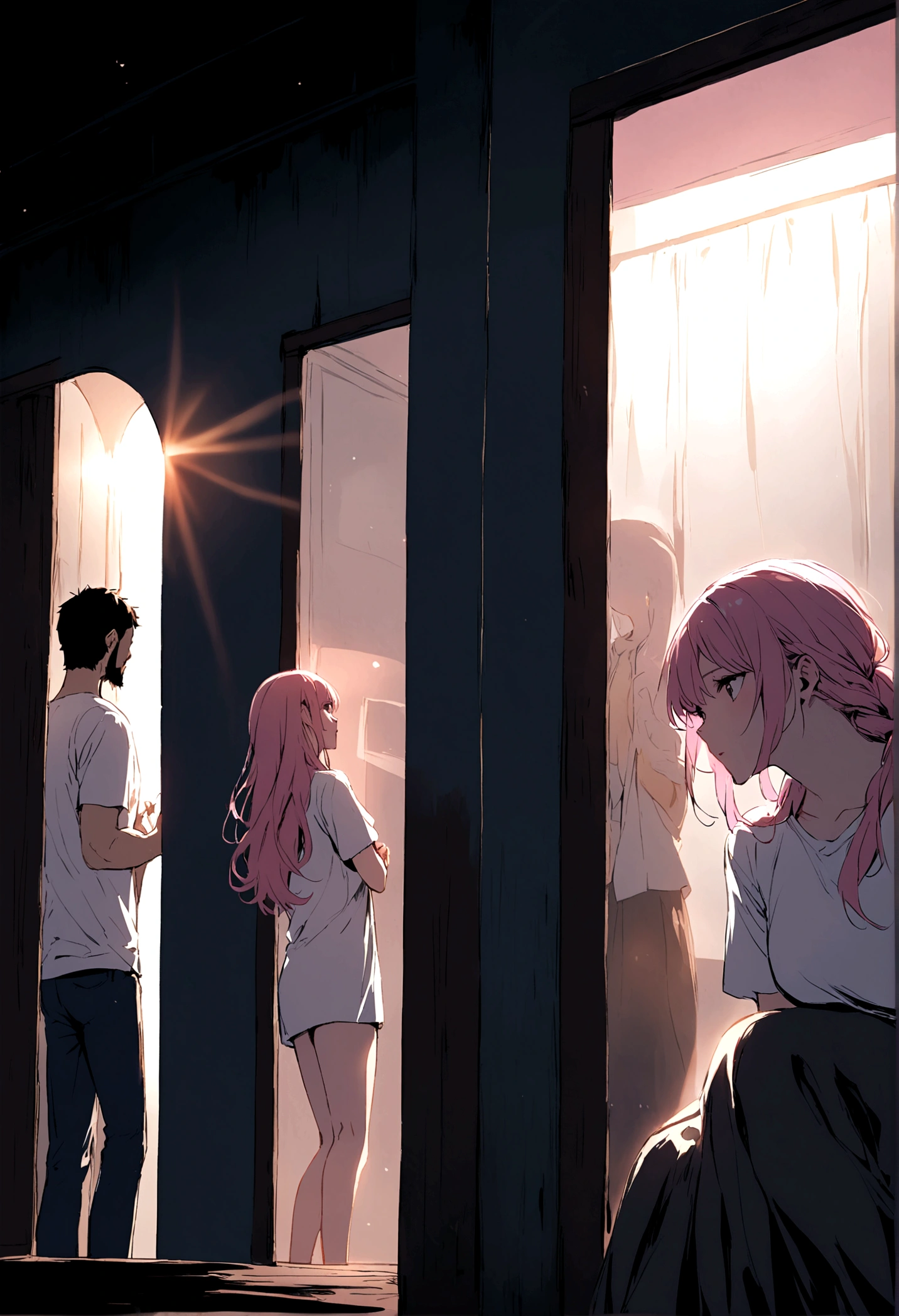 Bearded male, White T-shirt、A woman with pink hair is likely to appear
