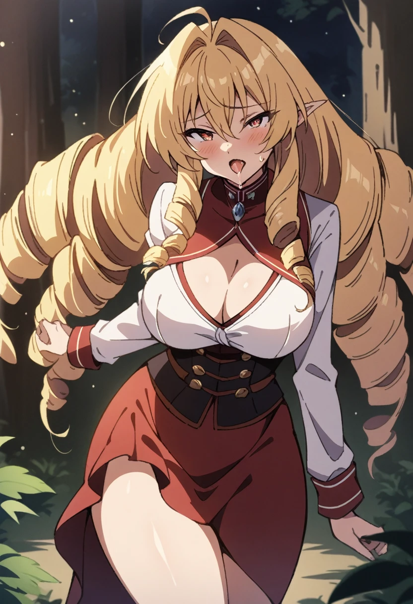 anime art style, (2d), ((masterpiece)), best quality, very aesthetic, absurdres, (dynamic shadows), (atmosferic), ((shikimorisan)), elinalisedragonroad, (1girl), blonde hair, long hair, ((drill hair)), red eyes, narrowed eyes, detailed eyes, pointy ears, ahoge, hair between eyes, bangs, big breasts, makeup, ((curvy body)), sweat, sexy, cleavage, uniform, red skirt, white shirt, red tie, clothes lift, ahegao, tongue, saliva, ((cowboy shot)), (standing), from back, (night), (stars), (forest), looking at viewer