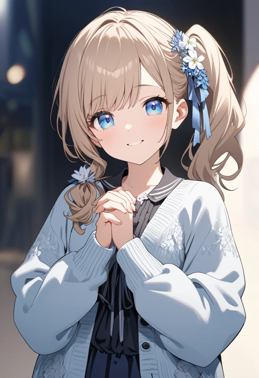 Generate an image of a young girl with light brown hair styled in a loose side ponytail, adorned with a blue and white floral hair accessory. She has big, expressive blue eyes and a gentle smile. Her outfit includes a light-colored cardigan over a dark top, and she has her hands clasped together in front of her.