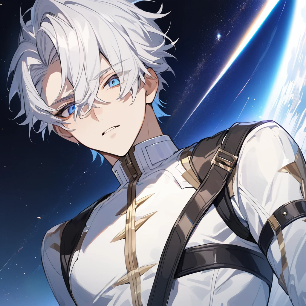 High quality, HD, 4k, no shadows, handsome male, 1male, 17 years old, teenager, golden lining, short white hair, sharp eyes, dark blue eyes, blue eyes, deep blue eyes, devil may cry, close up, calm expression, stoic expression, black leather clothes, white leather clothing, lean body, well trained body, upper body, looking at viewer, cowboy shot, white solar, space background