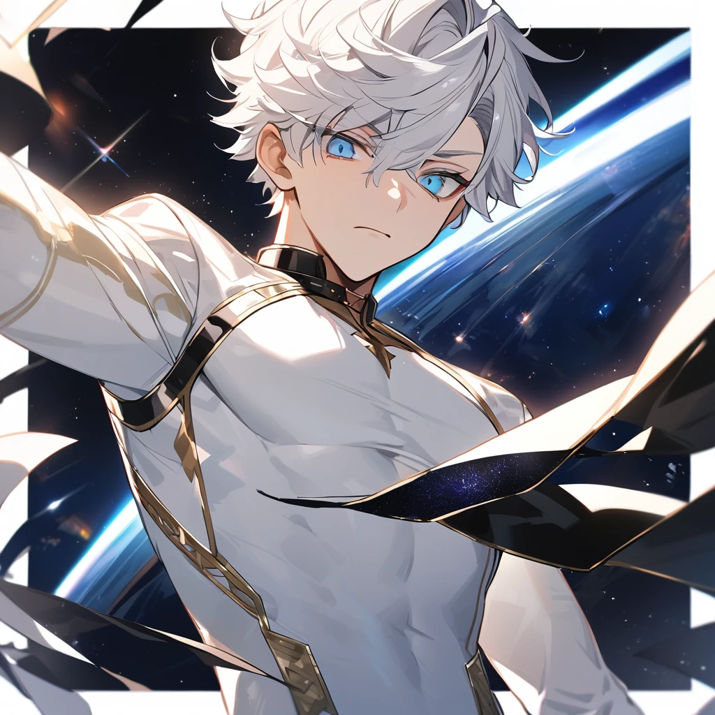 High quality, HD, 4k, no shadows, handsome male, 1male, 17 years old, teenager, golden lining, short white hair, sharp eyes, dark blue eyes, blue eyes, deep blue eyes, devil may cry, close up, calm expression, stoic expression, black leather clothes, white leather clothing, lean body, well trained body, upper body, looking at viewer, cowboy shot, white solar, space background