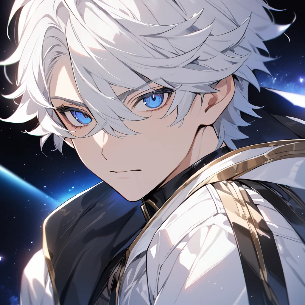 High quality, HD, 4k, no shadows, handsome male, 1male, , teenager, go lining, short white hair, sharp eyes, dark blue eyes, blue eyes, deep blue eyes, devil may cry, close up, calm expression, stoic expression, black leather clothes, white leather clothing, lean body, well trained body, upper body, looking at viewer, cowboy shot, white solar, space background