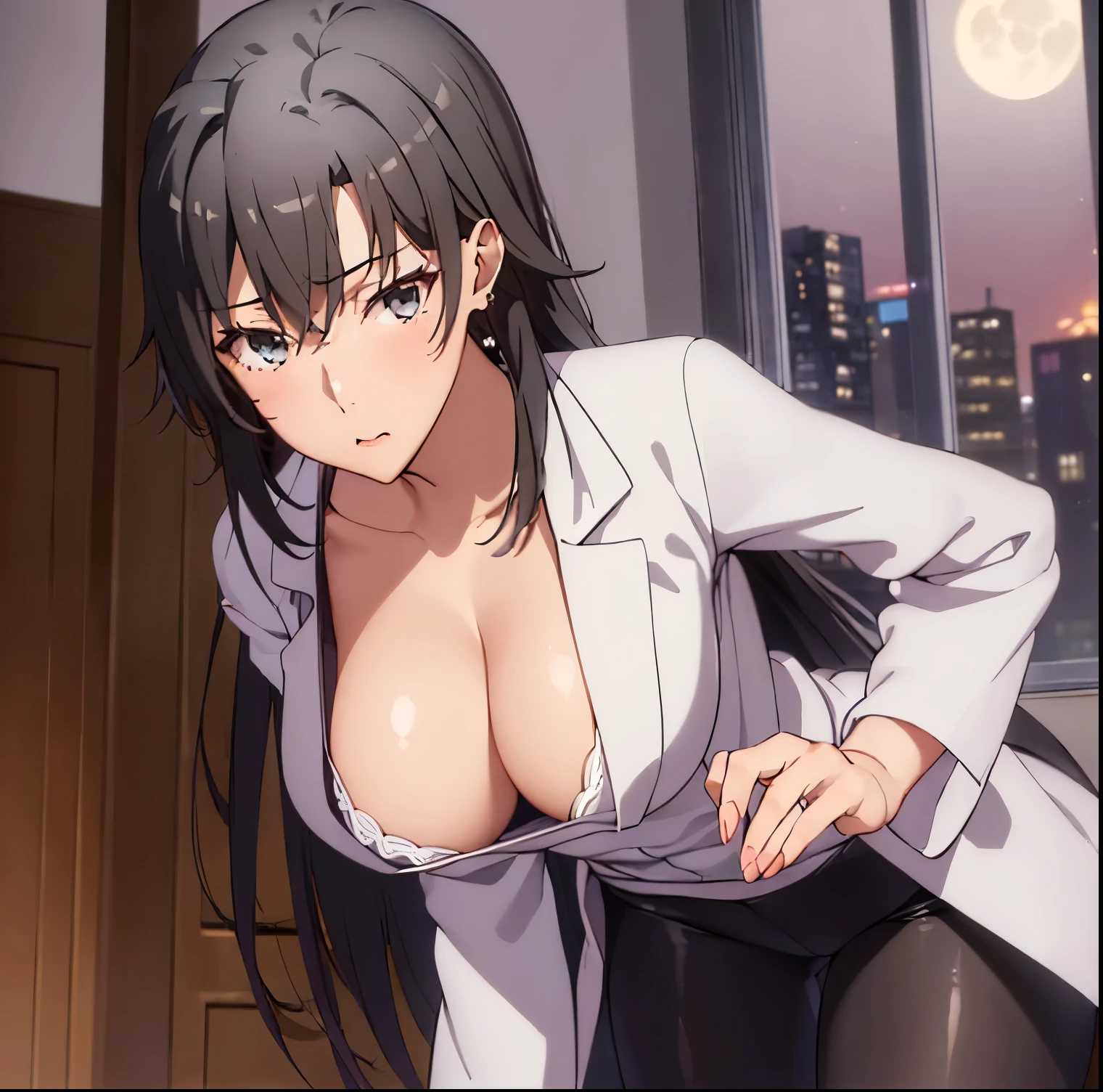 ((1 girl)),((alone)), Shizuka hiratzuka,((Extremely detailed CG unity 4k wallpaper)),(Masterpiece),(ultra quality),(Ultra detailed),(best illustration),( best shadow),(extremely detailed),(absurdities),(detailed background),curvy body,cowboy shot,looking at viewer,dynamic pose,depth of field,large breasts,narrow waist,wide hips,medium thighs,butt round, sweater, black hair, long hair, airy hair, mature, adult woman, blush, gray eyes, beautiful detailed eyes, light skin, soft skin, seductive look, hands on hips, ((partially naked, lab coat: 1.3, open white robe: 1.4, black lingerie: 1.3, 2-piece lingerie: 1.4, black pantyhose: 1.3, ,nail polish)), ((solo)), earrings,(( Standing:1.4, interior, Japanese apartment ,night, moon, window, cityscape, city lights), closed mouth, backlit, looking forward, ((focus on breasts), pov: (from middle), perfect anatomy, perfect hands