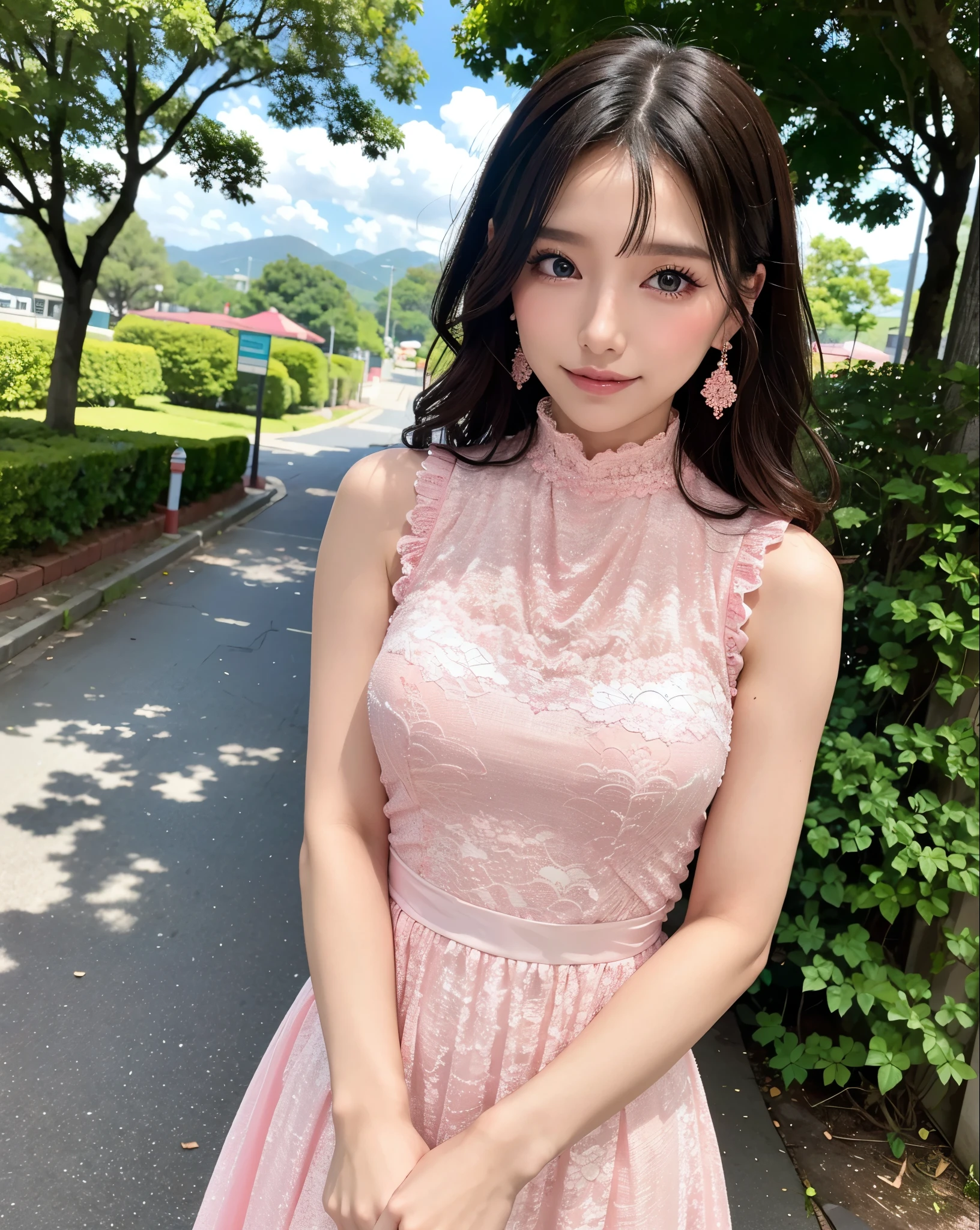 a woman posing on the street corner with pink dress on, best quality, high res, 8k, 1girl, (huge breasts), day, bright, outdoor, (street:0.8), (people, crowds:1), (lace-trimmed dress:1.5, pink clothes:1.5, pink high-neck dress:1.5, sleeveless dress, pink dress: 1.5), gorgeous, (medium hair), beautiful detailed sky, beautiful earrings, (dynamic pose:0.8), (upper body:1.2), soft lighting, wind, shiny skin, looking at viewer,