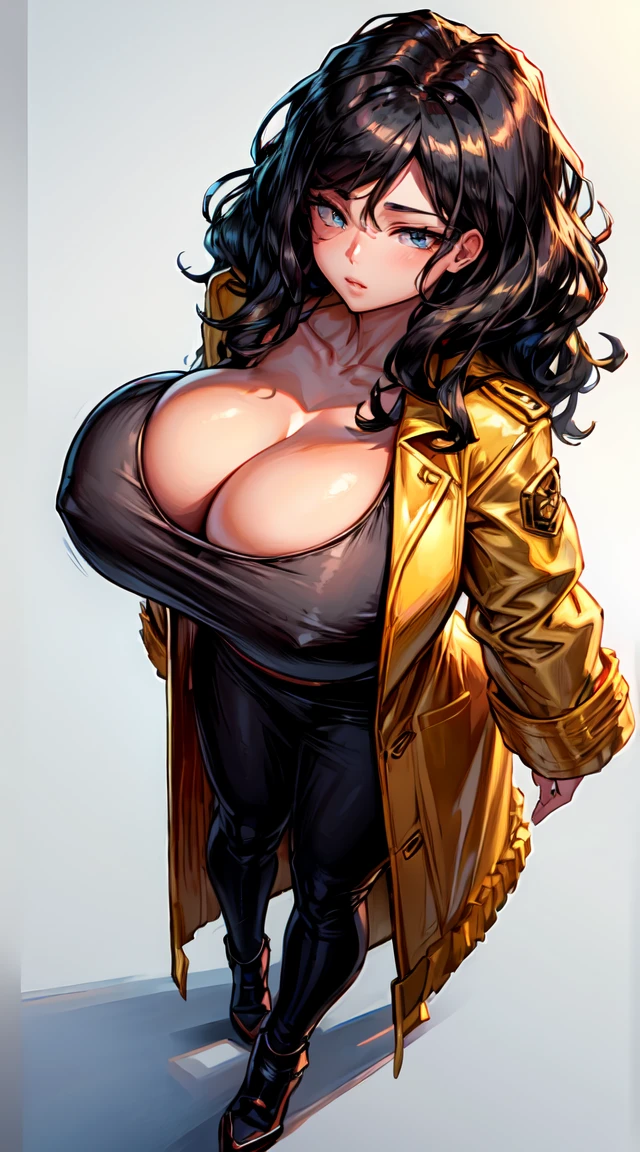 (best quality:1.5, highres, UHD, 4K, detailed lighting, shaders), beautiful girl from genshi impact, black wavy hair, large breasts , woman gold jacket, long gold coat, (pov), full body, white background