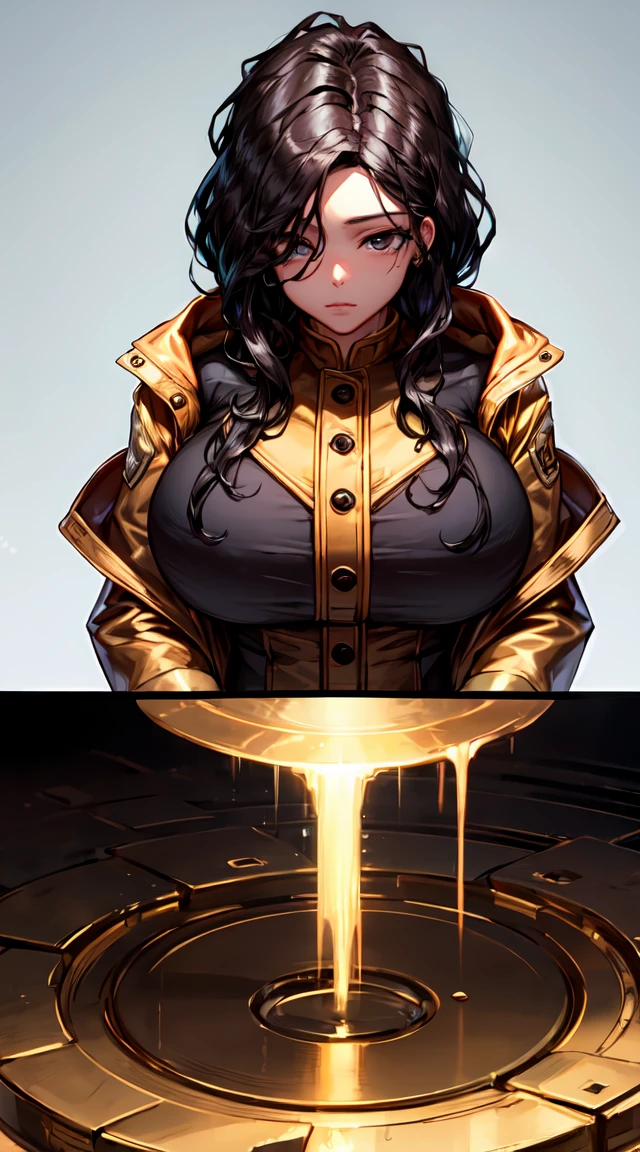 (best quality:1.5, highres, UHD, 4K, detailed lighting, shaders), beautiful girl from genshi impact, black wavy hair, large breasts , woman gold jacket, long gold coat, (pov), full body, white background